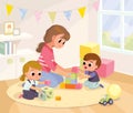 Mother playing with kids at home. Children bedroom interior.