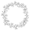 Vector round wreath with outline Forget me not or Myosotis flower bunch, stem and bud in black isolated on white background.