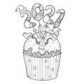 Vector outline cupcake with number 2021 in black isolated on white background. Concept of the 2021 year.