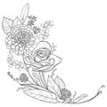 Corner bouquet with outline rose and dahlia with bud and leaves in black isolated on white background. Royalty Free Stock Photo