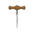 Basic corkscrew with brown wooden handle and spiral metal rod. Kitchen tool used to open wine bottles. Flat vector icon