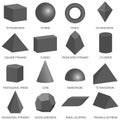 Basic 3d geometric shapes isolated on white background. All basic 3d shapes template in dark. Realistic geometric shapes black Royalty Free Stock Photo