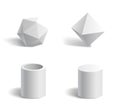 Basic 3d geometric shapes: polygon, tube, cylinder white isolated templates