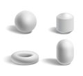 Basic 3d geometric shapes: sphere, torus, capsule white isolated templates