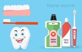 Basic dental care with illustrations of tools and a smiling tooth. An illustration depicting essential dental care items Royalty Free Stock Photo
