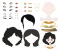 Basic dress up game with different face parts and clothes in black and golden palette