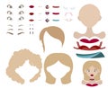 Basic dress up game with different face parts and clothes in blue and red palette