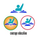 Basic education logo template. with pictures of books and children raising their hands to practice courage