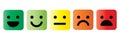 Basic emoticons set in square with rounded corners. Five facial expression of feedback scale - from positive to negative