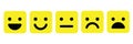 Basic emoticons set in square with rounded corners. Five facial expression of feedback scale - from positive to negative