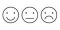 Basic emoticons set. Three facial expression of feedback - positive, neutral and negative. Simple black outline vector