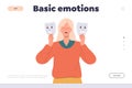Basic emotion landing page design template with sad cartoon woman character hiding feelings Royalty Free Stock Photo