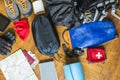 Basic equipment to pack by the tourist. Royalty Free Stock Photo