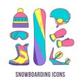 Basic equipment for snowboarding. Colorful set of snowboarding i Royalty Free Stock Photo