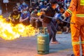 Firefighters teach company employees. How to extinguish a gas leak