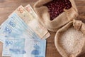 Basic food from brazil, rice and beans, next to a hundred reais bill, currency of brazil