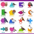 Basic geometric shapes with comic birds characters set Royalty Free Stock Photo