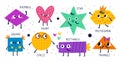 Basic geometric shapes faces. Cute baby educational figures with inscriptions. Childish patterned color emoji characters