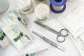 Basic medical kit for rapid health care in nursing due to an emergency or emergency with scissors, syringes, bendas, tape, gauze Royalty Free Stock Photo