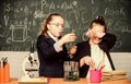 Basic knowledge of chemistry. Girls study chemistry. Make studying chemistry interesting. Educational experiment concept