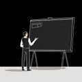 A basic line drawing of a teacher at a chalkboard. Flat clean illustration style