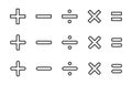 Basic math symbols. Addition, subtraction, division, multiplication, and equality icon vector in line style