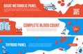 Basic metabolic thyroid panel complete blood count landing page set vector flat illustration Royalty Free Stock Photo