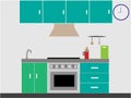 Basic modern kitchen interior with furniture, gas stove in green and blue colors