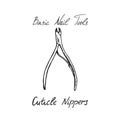 Basic nail tools, cuticle nippers, hand drawn doodle sketch with inscription, isolated illustration