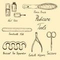 Basic nail tools, outline classical pedicure collection of tools, hand drawn doodle sketch with inscription, isolated color