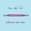 Basic nail tools, pink double ended cuticle pusher, hand drawn doodle sketch with inscription, isolated illustration