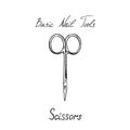 Basic nail tools, scissors, hand drawn doodle sketch with inscription, isolated illustration