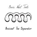 Basic nail tools, toe separator, hand drawn doodle sketch with inscription, isolated illustration