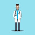 A basic outline of a doctor with a stethoscope. Flat clean illustration style