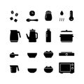 Basic pictograms for instant dry food. Porridge packaging silhouette icons set. Brewing cereals, cooking on stove or microwave.