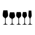 Basic red, white and sparkling wine glasses silhouette vector set.