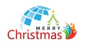 Globe and Merry Christmas world and greeting text design with people icon on abstract white background Royalty Free Stock Photo