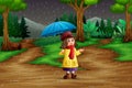 Cartoon a girl carrying umbrella under the rain in the forest Royalty Free Stock Photo