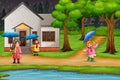 Cartoon three girl carrying umbrella under the rain Royalty Free Stock Photo
