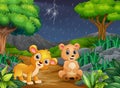 Cartoon a bear and baby lion in a forest under the rain Royalty Free Stock Photo