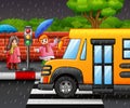 Cartoon two girl carrying umbrella under the rain on the roadside