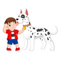 A boy with the red shirt is holding his big white dalmatian dog Royalty Free Stock Photo