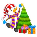 A big snowman is putting a yellow star on the christmas tree Royalty Free Stock Photo