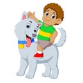 A litte boy is on the big grey dog for playing Royalty Free Stock Photo