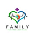 Happy Family in heart shaped medical healthy life cross logo parent kids love, care, symbol icon design vector on white background