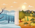 Open door. Winter and summer. Valley landscape. Cartoon vector illustration