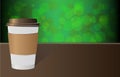 Close up take-out coffee with brown cap and cup holder Isolated on green background