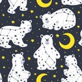 Seamless pattern with white bear and constellation Ursa Major