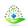 Health care hand medical cross tree leaves logo icon element vector design on white background