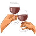 Colored vector illustration of two women hands holding glasses of wine Royalty Free Stock Photo